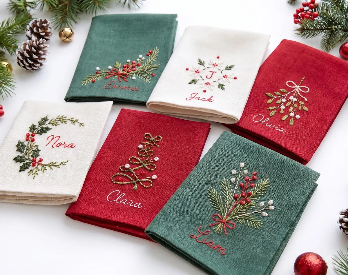 Personalized Christmas Linen Napkins Set of 6, Hand Embroidered Holly, Mistletoe, Pine & Berries, Custom Names, Holiday Table Decor Gift Set