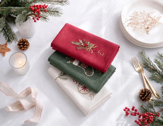 Personalized Christmas Linen Napkins Set of 6, Hand Embroidered Holly, Mistletoe, Pine & Berries, Custom Names, Holiday Table Decor Gift Set