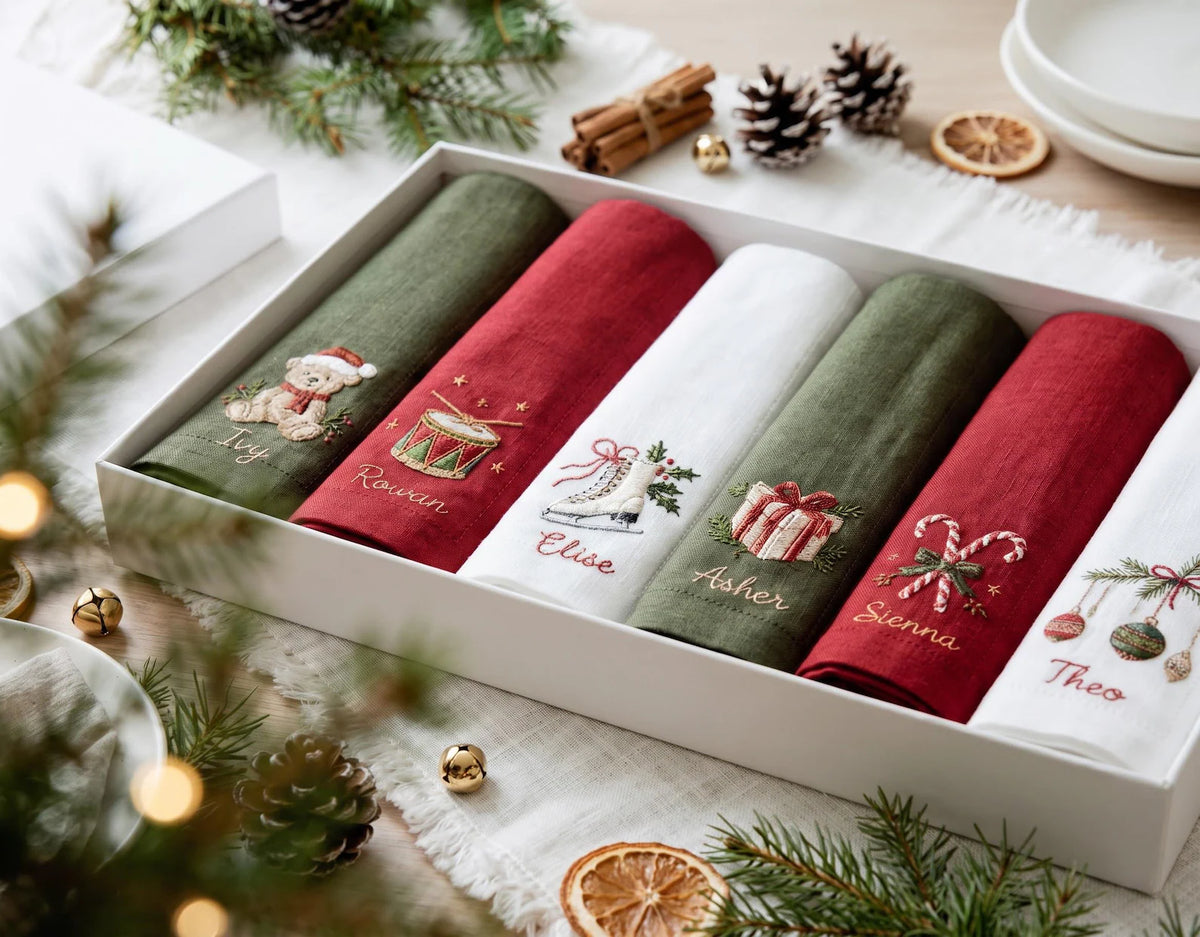 Personalized Christmas Linen Napkins Set of 6, Embroidered Dinner Napkins, Custom Name Red Green White Holiday Table Decor for Family Dinner