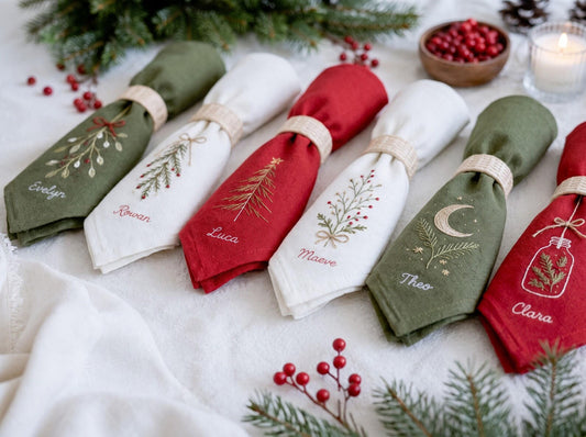 Personalized Christmas Napkins Set of 6, Hand Embroidered Mistletoe, Trees & Moon, Custom Names, Red Olive White Linen Holiday Table Decor