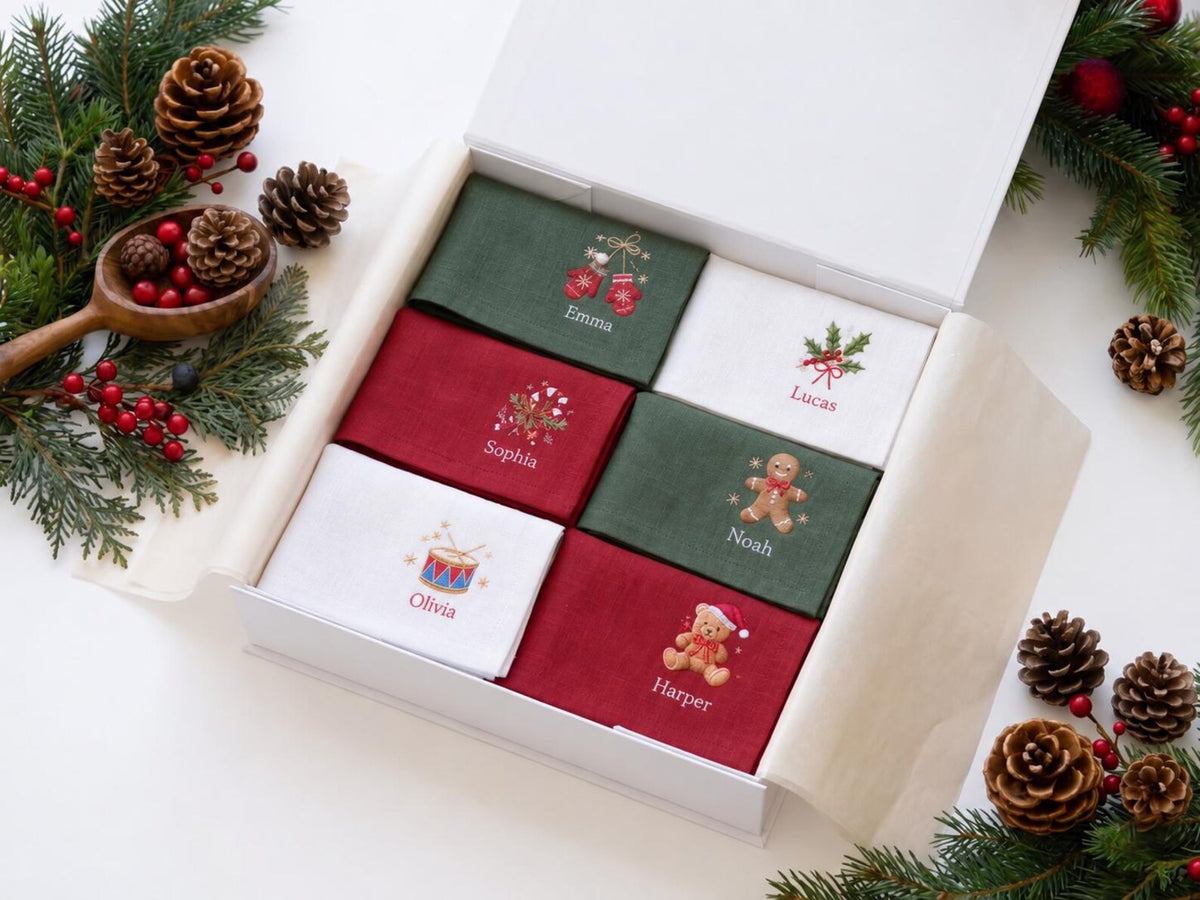 Personalized Christmas Napkins Set of 6, Hand Embroidered Mittens, Holly, Candy Cane, Gingerbread & Teddy Bear, Custom Name Linen Table Sets