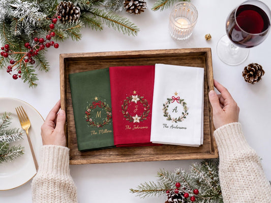 Personalized Christmas Napkins Set of 3, Hand Embroidered Wreaths, Custom Initials & Family Names, Red Green White Linen Holiday Table Decor