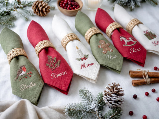 Personalized Christmas Napkins Set of 6, Hand Embroidered Robin, Candle, Gingerbread, Rocking Horse & Gift, Custom Names Linen Holiday Decor
