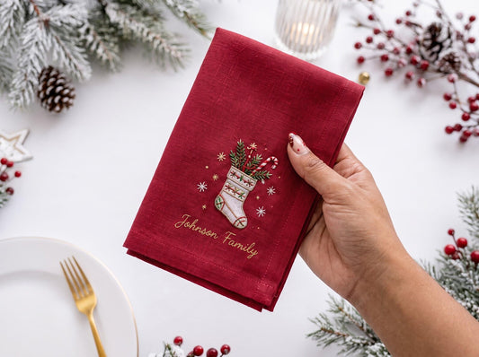 Personalized Christmas Napkins Set of 3, Hand Embroidered Stocking, Tree & Greenery, Custom Family Name Holiday Table Linens Red Green White