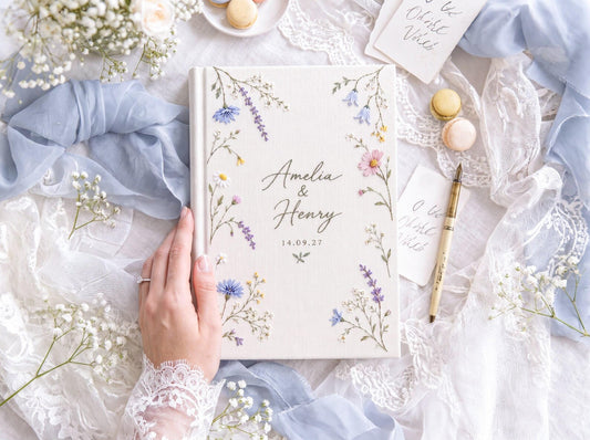 Custom Hand Embroidered Wildflower Wedding Guest Book, Pastel Botanical Linen Photo Album, Personalized Memory Book, Bridal Keepsake Gift