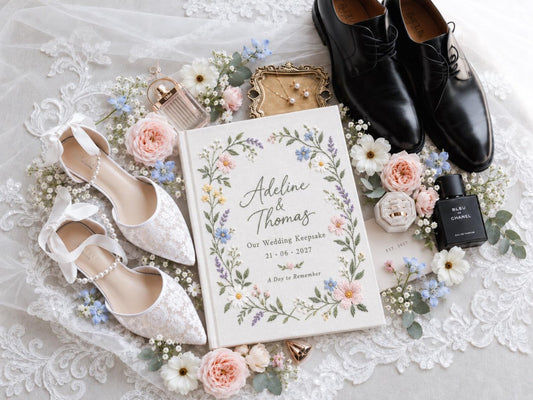 Custom Hand Embroidered Wildflower Wedding Guest Book, Personalized Linen Keepsake, Pastel Botanical Bridal Gift, Romantic Wedding Heirloom