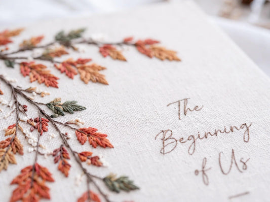 Personalized Fall Wedding Guest Book, Hand Embroidered Autumn Leaves Linen Guestbook, Custom Wedding Date, Rustic Bridal Keepsake