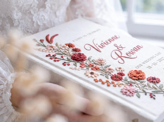 Custom Hand Embroidered Rose Wedding Guest Book, Personalized Linen Keepsake, Romantic Botanical Bridal Gift, Heirloom Wedding Memory Book