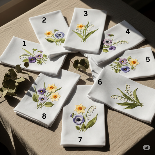 Lily, Orchid & Violet  Embroidered Linen Napkins – Elegant Floral Napkin – Rustic Wedding Table Decor Housewarming Gift, for Her or Hostess