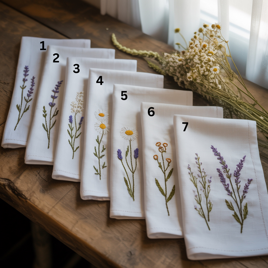 Floral Diary Embroidered Linen Napkins – Elegant Floral Napkin – Rustic Wedding Table Decor Housewarming Gift, for Her or Hostess