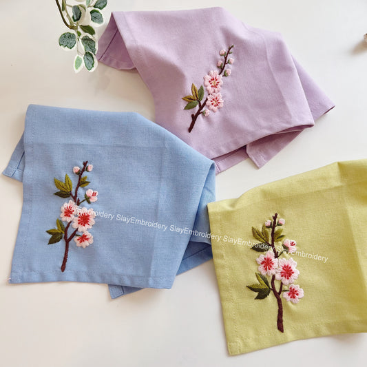Cherry Blossoms Flowers Wedding Handkerchief, Custom Embroidered Handkerchief, Linen Handkerchiefs