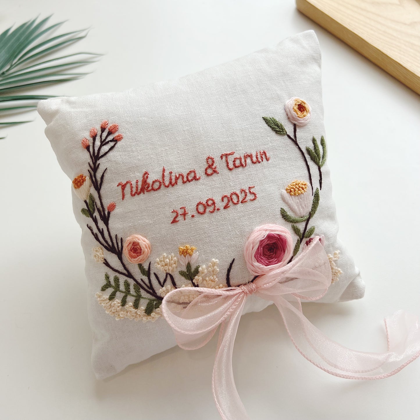 Custom Dusty Pink Roses Embroidered Ring Bearer Pillow Linen Wedding Cushion Hand Embroidery Ring Holder Floral Ring Pillow Wedding Gift
