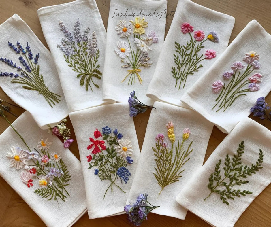 Embroidered Linen Napkins – Wildflower Bouquet Design | 100% Linen Cloth Napkins | Wedding, Housewarming, Mother's Day Gift