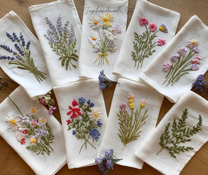 Embroidered Linen Napkins – Wildflower Bouquet Design | 100% Linen Cloth Napkins | Wedding, Housewarming, Mother's Day Gift
