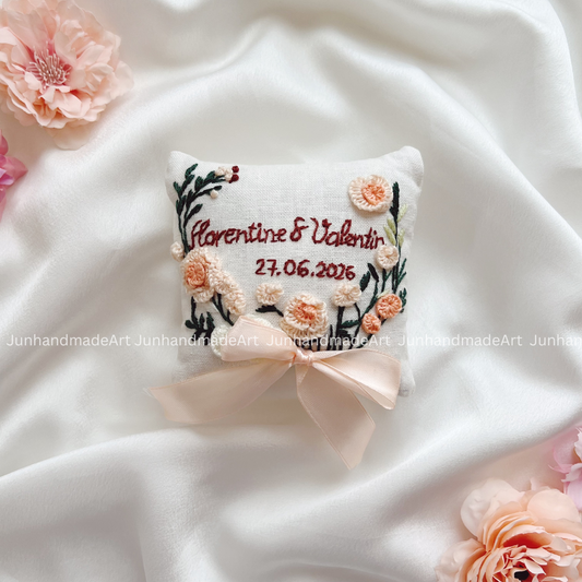 Pastel Pink Roses Bearer Pillow Linen Wedding Cushion Hand Embroidery Ring Holder Floral Ring Pillow Wedding Gift