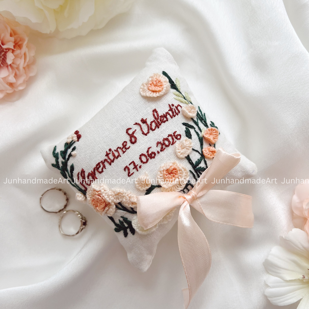 Pastel Pink Roses Bearer Pillow Linen Wedding Cushion Hand Embroidery Ring Holder Floral Ring Pillow Wedding Gift