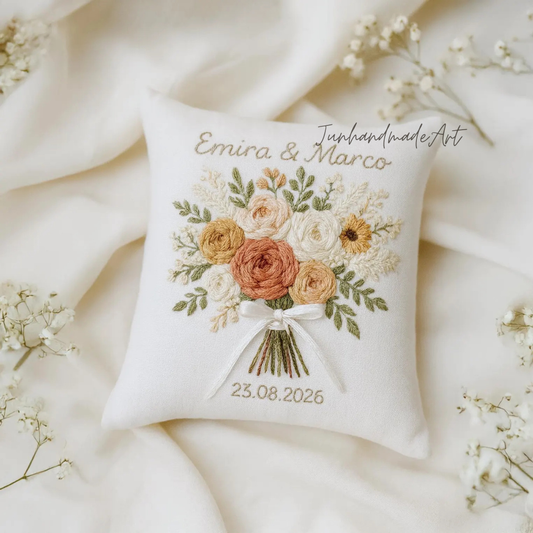 Personalized Embroidered Ring Bearer Pillow, Custom Linen Wedding Cushion, Hand Embroidery Ring Holder, Floral Ring Pillow, Wedding Gift