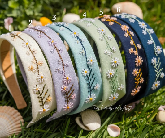 Hand Embroidered Floral Headband, Wildflower Cottagecore Hairband, Vintage Style Gift, Boho Embroidery Hair Accessory