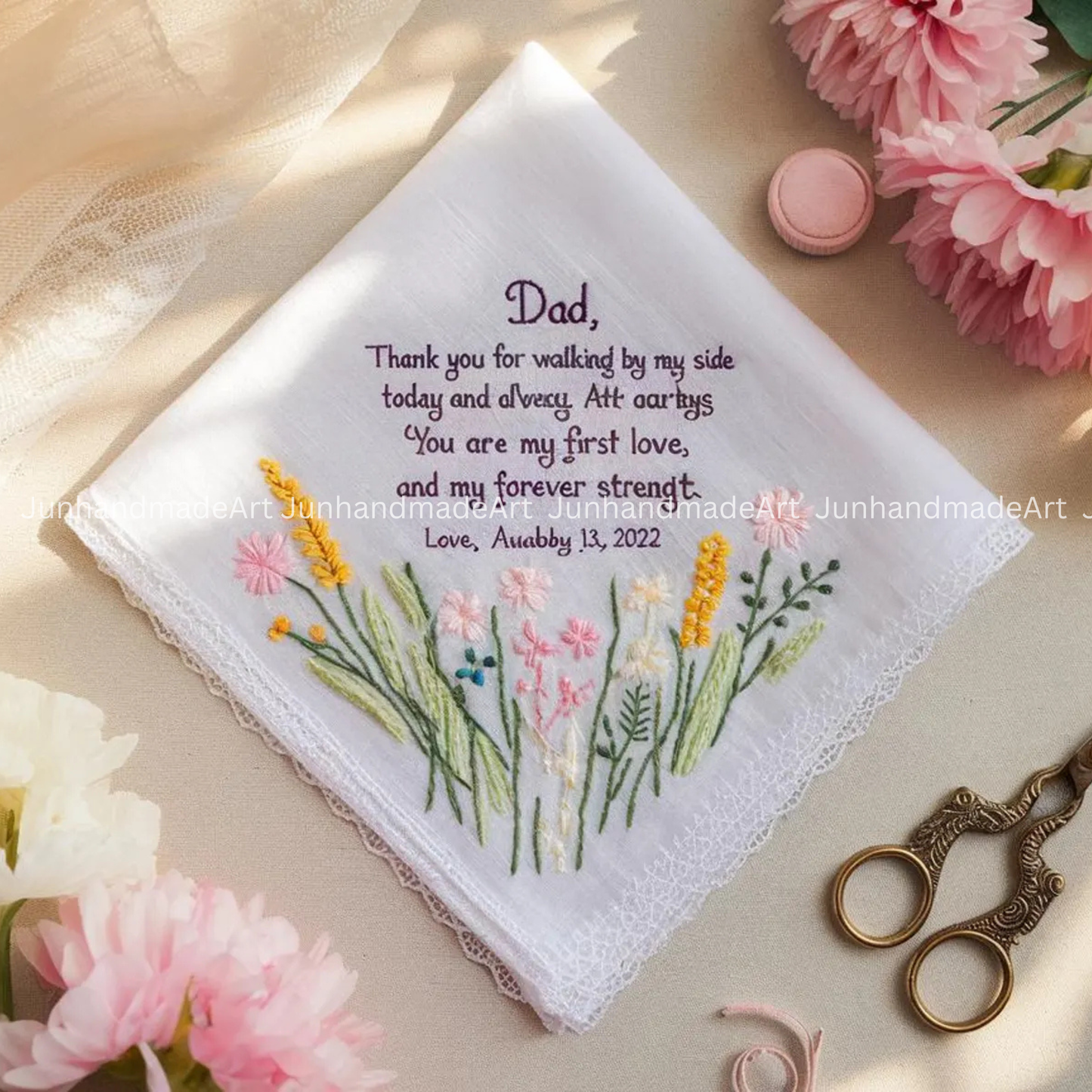 Personalized Wedding Handkerchief for Bride – Custom Embroidered Linen Hankie with Name, Date, or Quote – Bride Gift, Handmade Wedding Gift