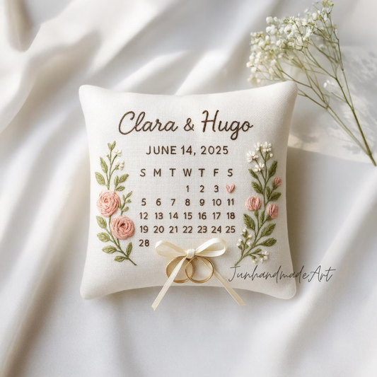 Personalized Embroidered Ring Bearer Pillow, Custom Linen Wedding Cushion, Hand Embroidery Ring Holder, Floral Ring Pillow, Wedding Gift