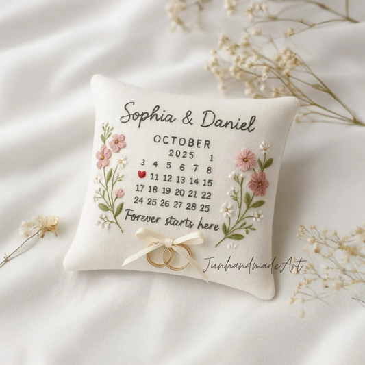 Personalized Embroidered Ring Bearer Pillow, Custom Linen Wedding Cushion, Hand Embroidery Ring Holder, Floral Ring Pillow, Wedding Gift