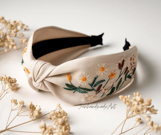 Hand Floral Embroidered Linen Knot Turban, Handmade Turban with Embroidery, Soft and Comfortable Turban, Hair Accessories Gift for Her