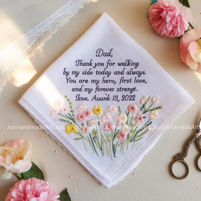 Personalized Wedding Handkerchief for Bride – Custom Embroidered Linen Hankie with Name, Date, or Quote – Bride Gift, Handmade Wedding Gift