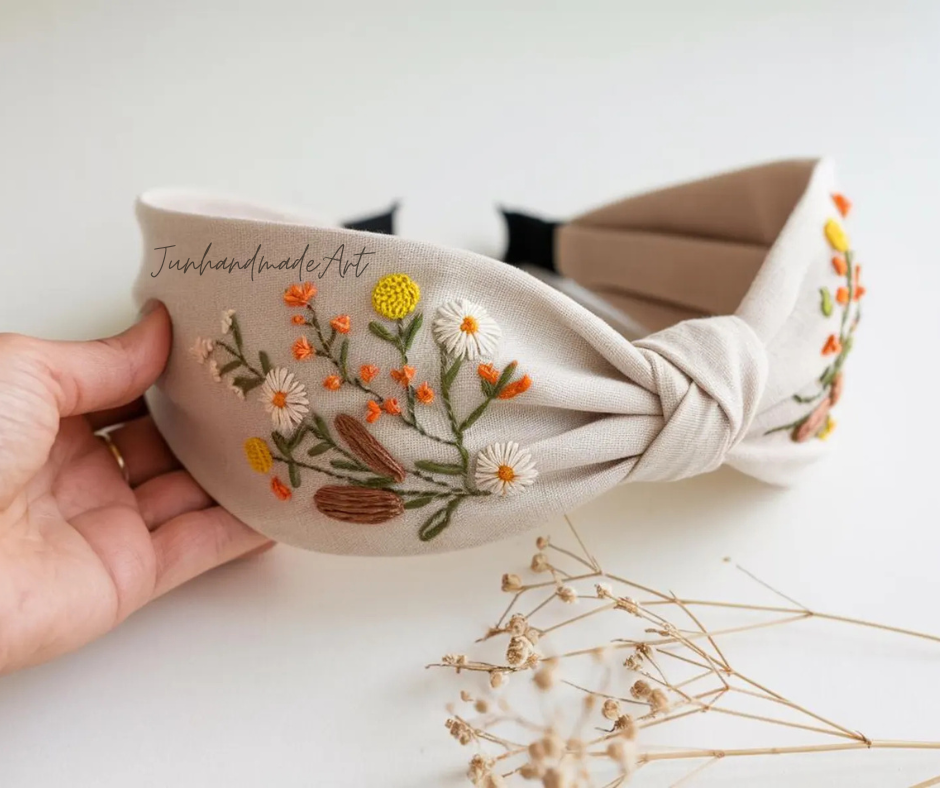 Hand Floral Embroidered Linen Knot Turban, Handmade Turban with Embroidery, Soft and Comfortable Turban, Hair Accessories Gift for Her
