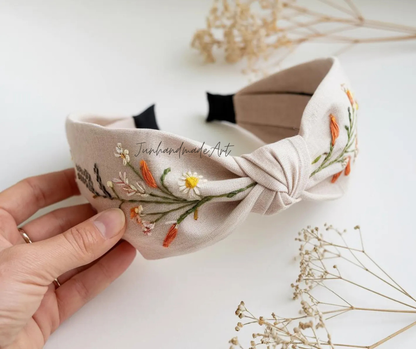Hand Floral Embroidered Linen Knot Turban, Handmade Turban with Embroidery, Soft and Comfortable Turban, Hair Accessories Gift for Her