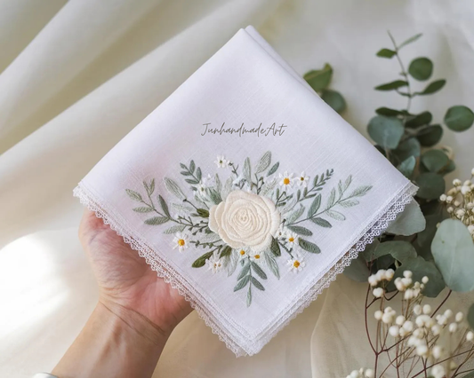 Embroidered Wedding Handkerchief – Custom Floral Hankie for Bride, Bridal Gift, Personalized with Name & Date, Gift for Bride