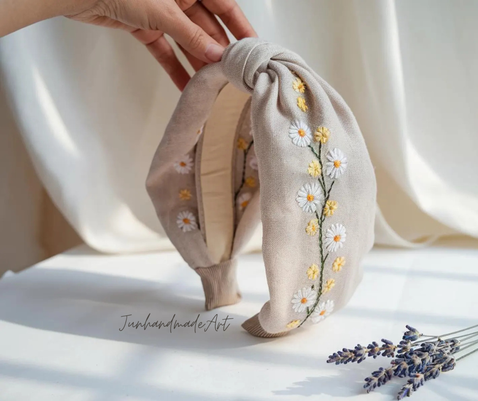 Hand Floral Embroidered Linen Knot Turban, Handmade Turban with Embroidery, Soft and Comfortable Turban, Hair Accessories Gift for Her