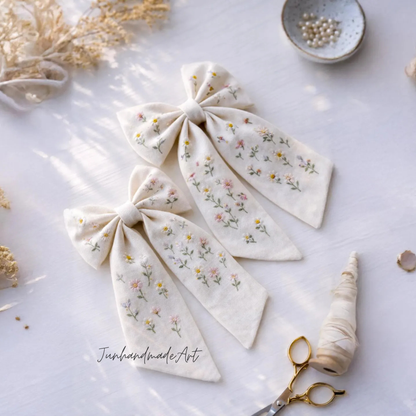 Personalized Linen Hair Bow – Hand Embroidered Flower Bow with Pattern – Custom Name Text Bow for Girls, Handmade Hairpin Bow for Girl