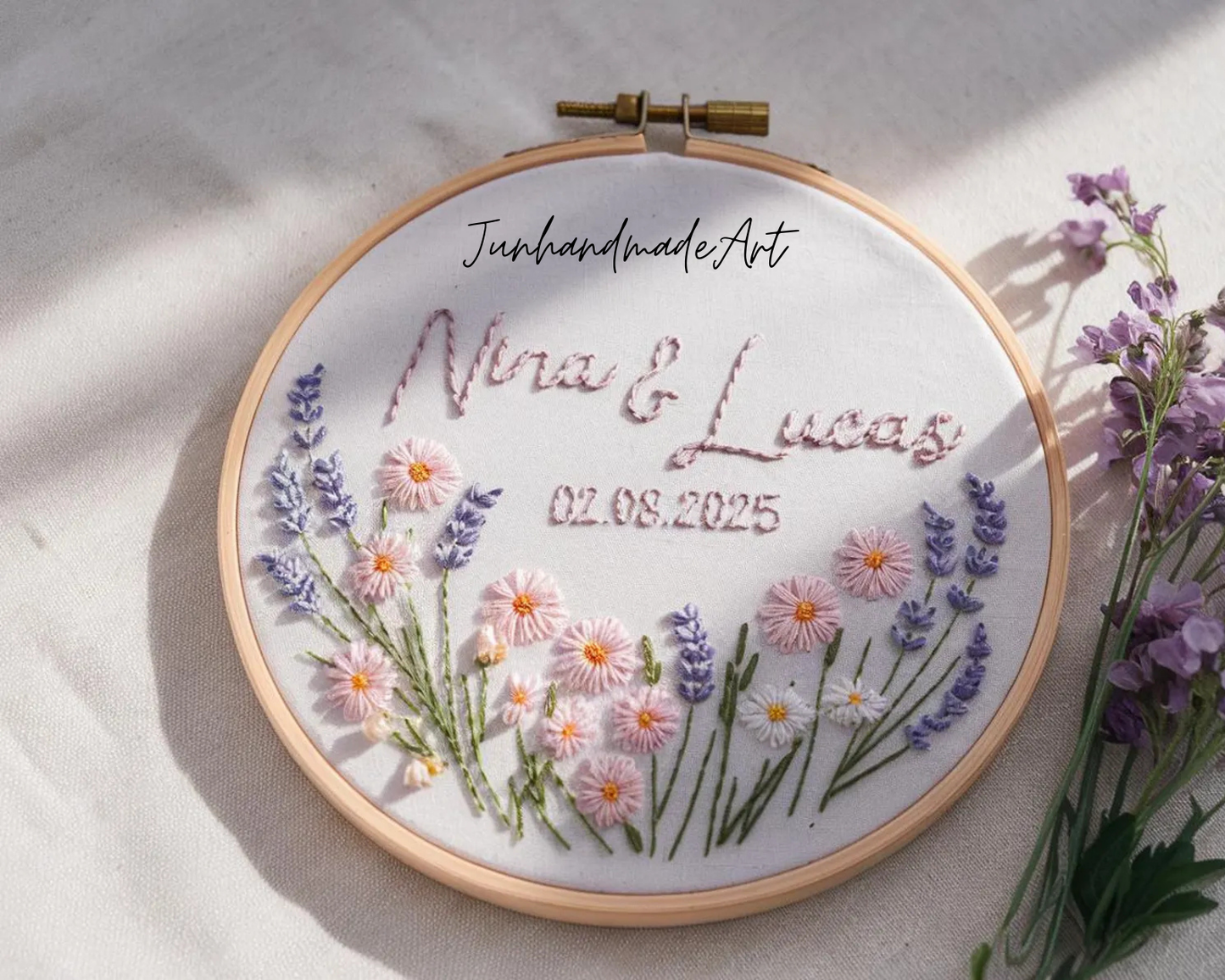 Custom Wedding Embroidery Hoop with Flowers and Names – Personalized Hand Embroidered Wildflowers Gift for Couple, Anniversary