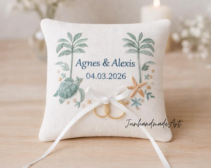 Tropical Beach Ring Bearer Pillow – Hand Embroidered Palm Trees & Ocean Details