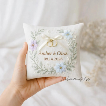 Personalized Embroidered Ring Bearer Pillow, Custom Linen Wedding Cushion, Hand Embroidery Ring Holder, Floral Ring Pillow, Wedding Gift
