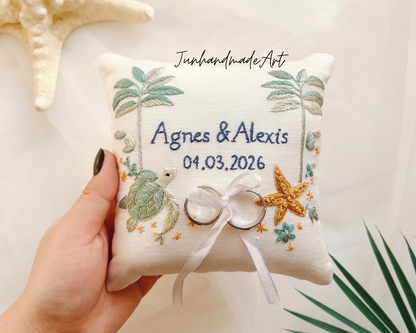 Tropical Beach Ring Bearer Pillow – Hand Embroidered Palm Trees & Ocean Details