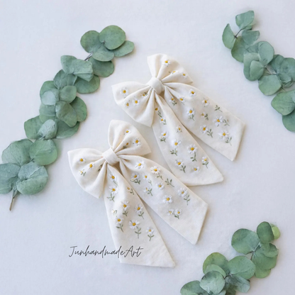 Personalized Linen Hair Bow – Hand Embroidered Flower Bow with Pattern – Custom Name Text Bow for Girls, Handmade Hairpin Bow for Girl