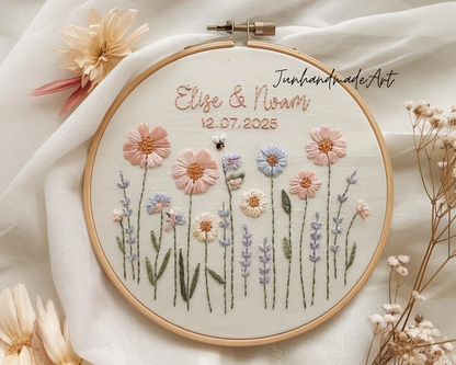 Custom Wedding Embroidery Hoop with Flowers and Names – Personalized Hand Embroidered Wildflowers Gift for Couple, Anniversary