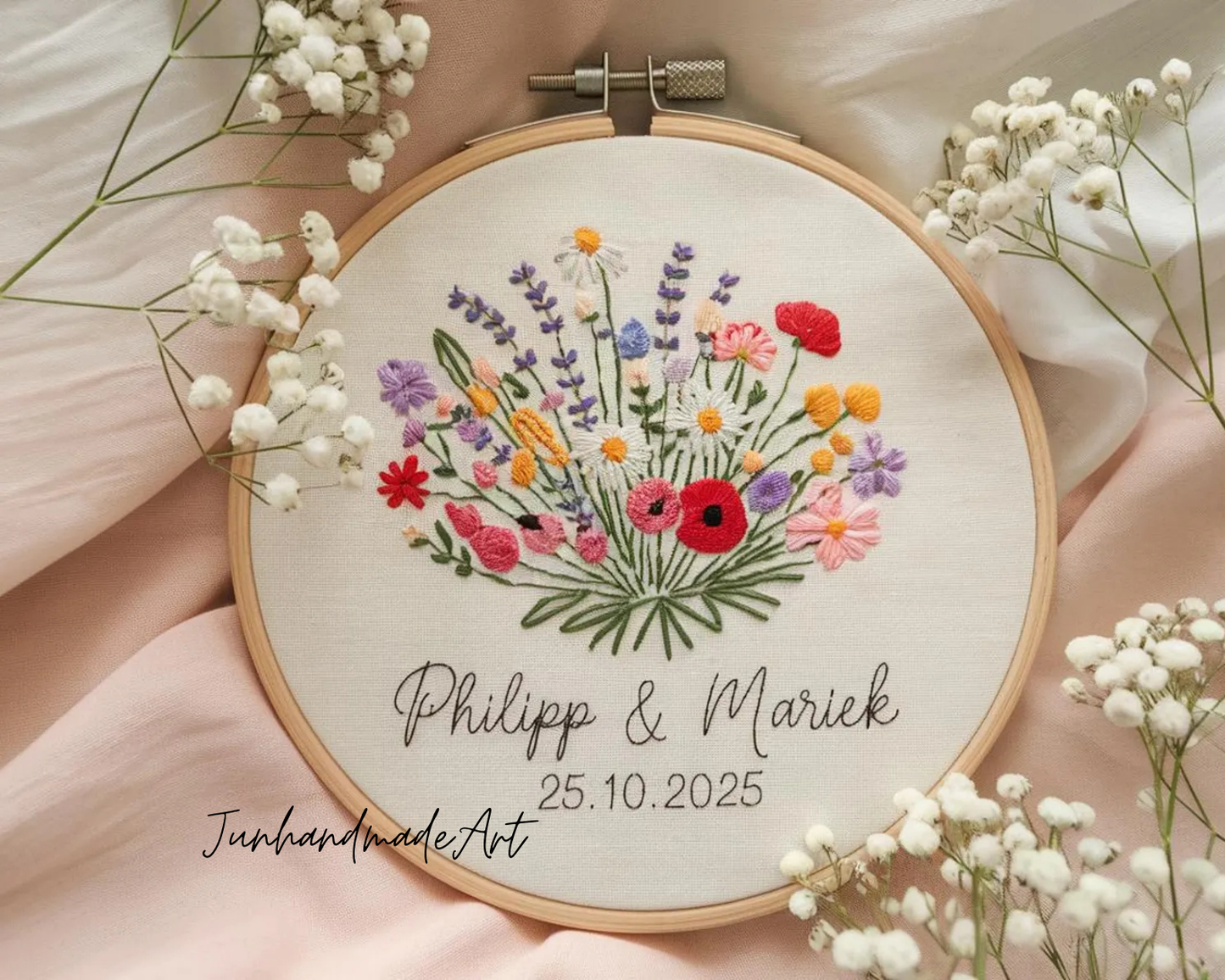 Custom Wedding Embroidery Hoop with Flowers and Names – Personalized Hand Embroidered Wildflowers Gift for Couple, Anniversary