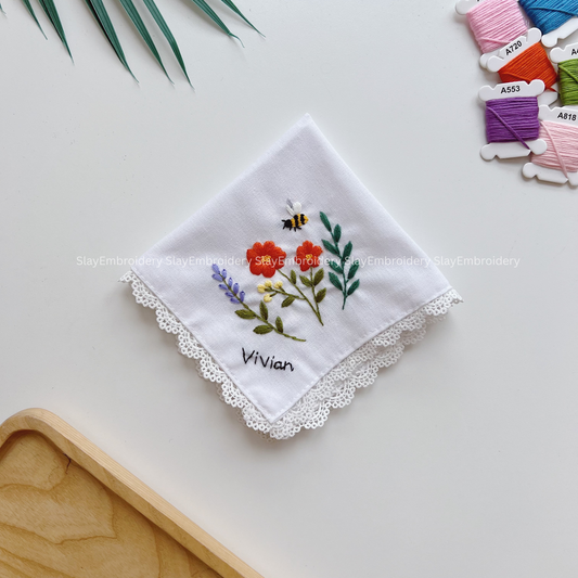 Lavender Poppy Dream Wedding Handkerchief, Custom Embroidered Handkerchief, Linen Handkerchiefs