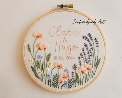 Custom Wedding Embroidery Hoop with Flowers and Names – Personalized Hand Embroidered Wildflowers Gift for Couple, Anniversary