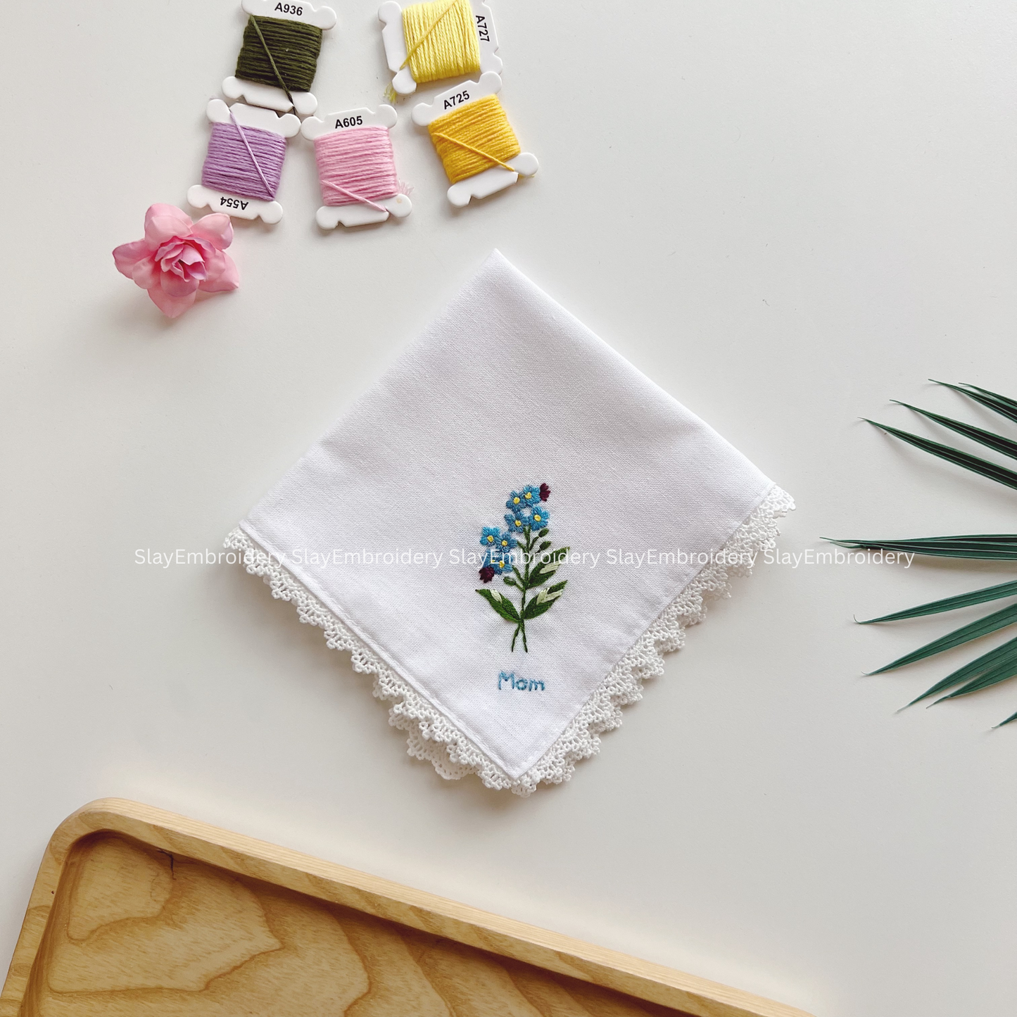 Blue Daisy Whisper Wedding Handkerchief, Custom Embroidered Handkerchief, Linen Handkerchiefs