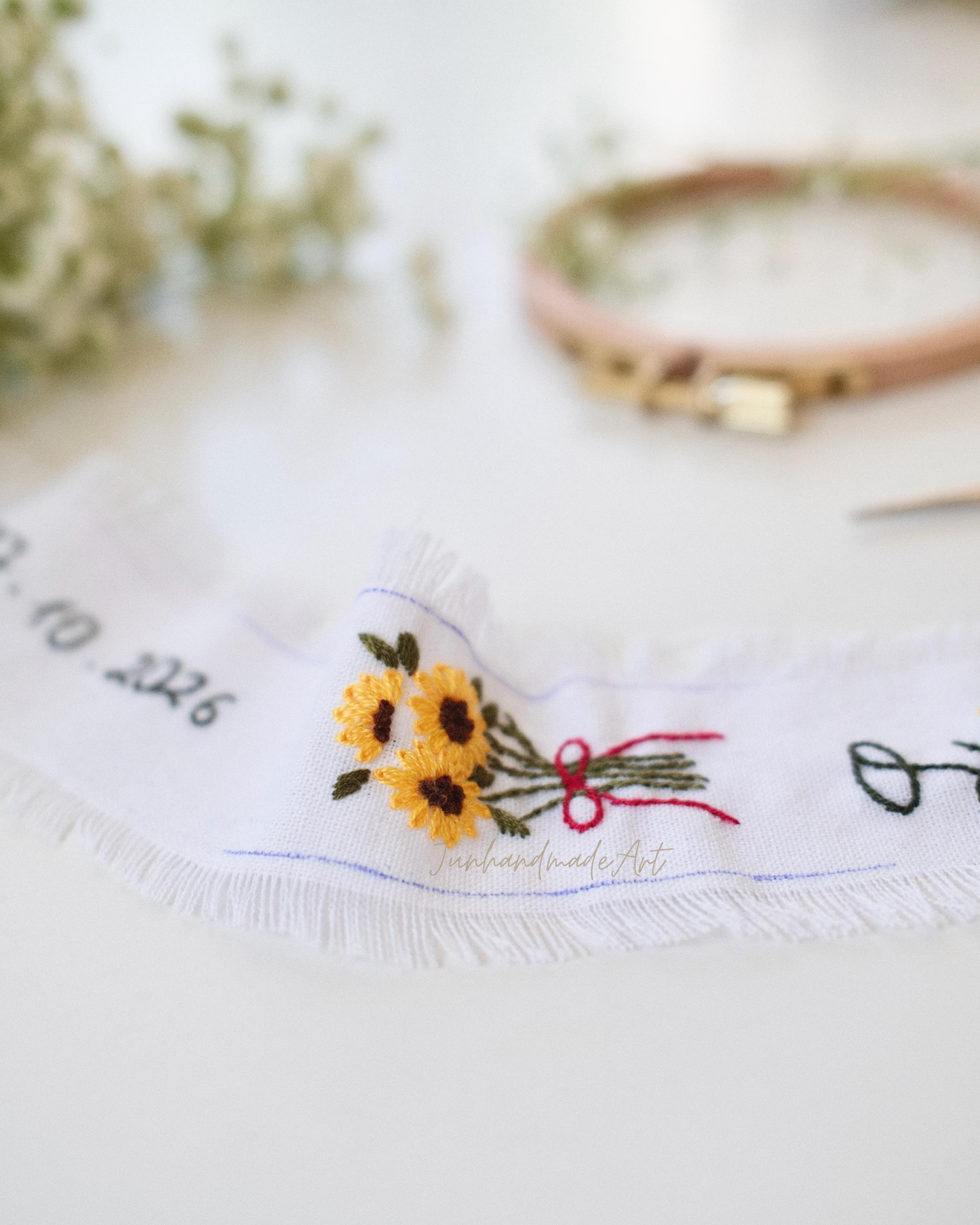 Personalized Embroidered Wedding Ribbon – Custom Linen Tie for Bouquet or Hair, Hand-stitched with Names & Date, Bridal Keepsake Gift