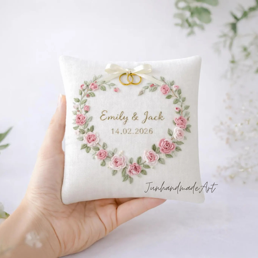 Personalized Embroidered Ring Bearer Pillow, Custom Linen Wedding Cushion, Hand Embroidery Ring Holder, Floral Ring Pillow, Wedding Gift