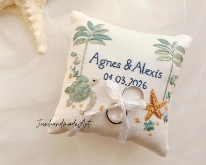 Tropical Beach Ring Bearer Pillow – Hand Embroidered Palm Trees & Ocean Details