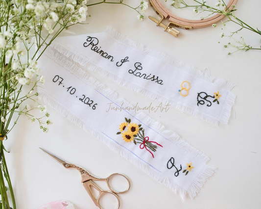 Personalized Embroidered Wedding Ribbon – Custom Linen Tie for Bouquet or Hair, Hand-stitched with Names & Date, Bridal Keepsake Gift