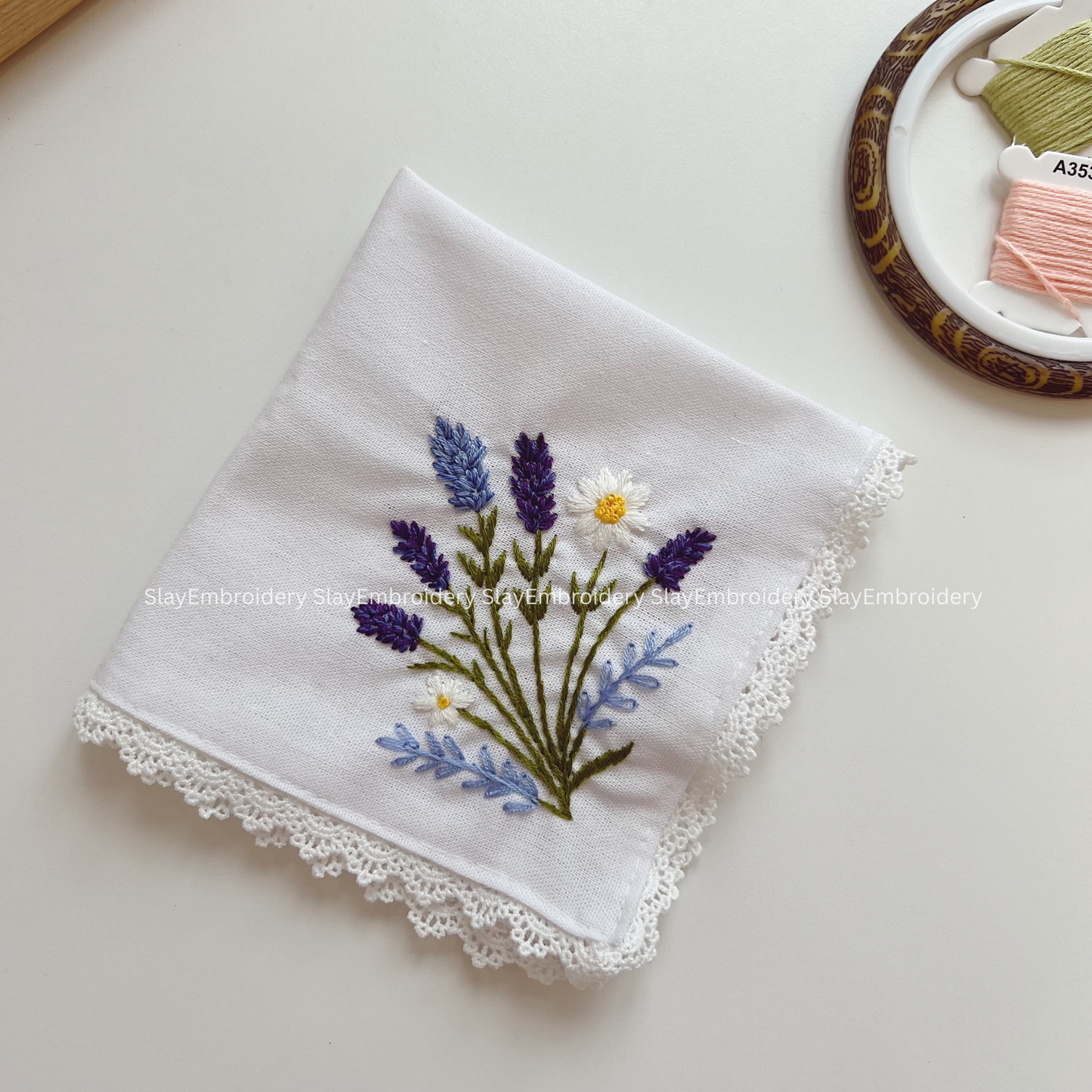 Lavender & Daisy Wedding Handkerchief, Custom Embroidered Handkerchief, Linen Handkerchiefs