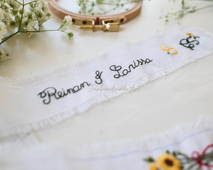 Personalized Embroidered Wedding Ribbon – Custom Linen Tie for Bouquet or Hair, Hand-stitched with Names & Date, Bridal Keepsake Gift