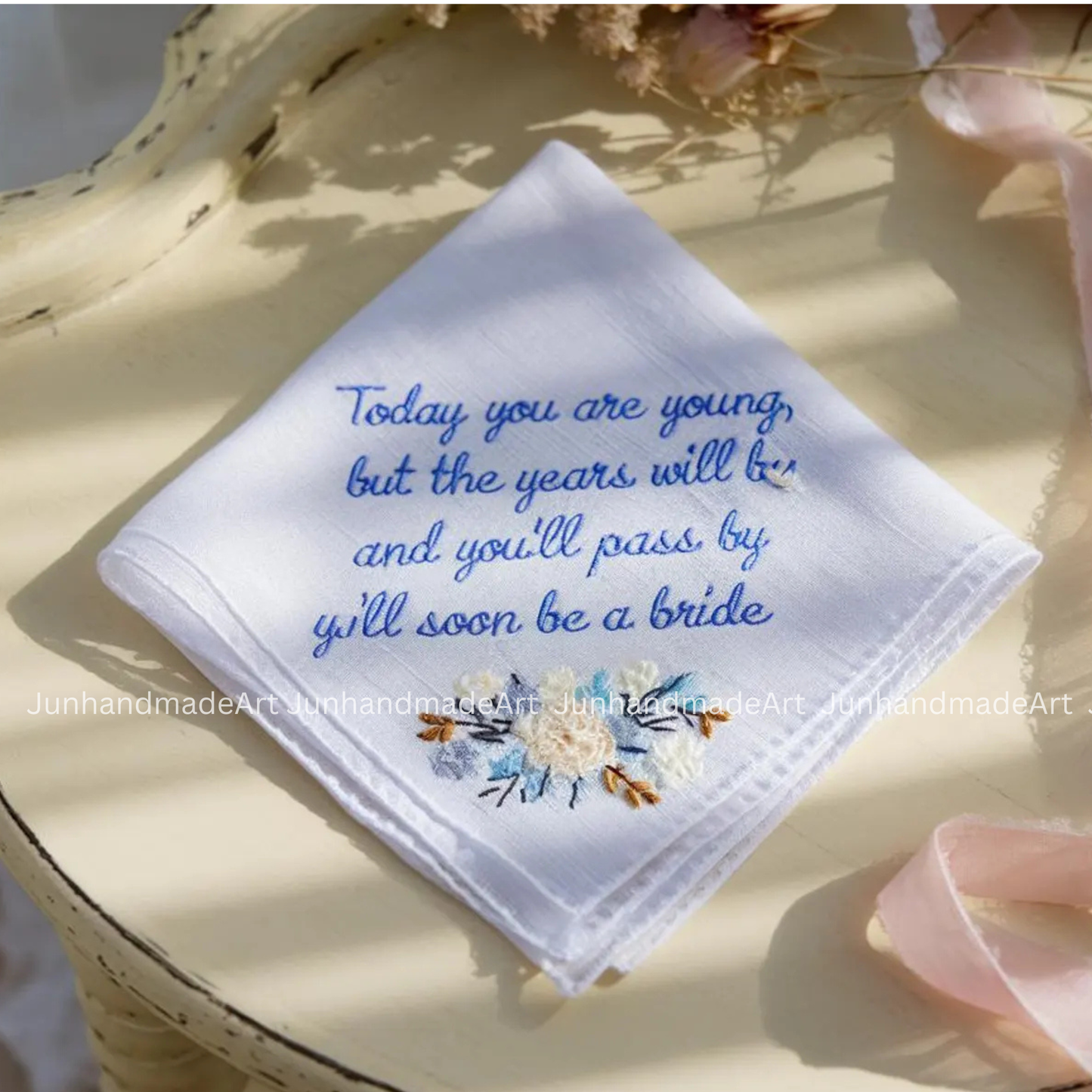Personalized Wedding Handkerchief for Bride – Custom Embroidered Linen Hankie with Name, Date, or Quote – Bride Gift, Handmade Wedding Gift
