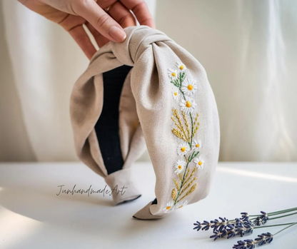 Hand Floral Embroidered Linen Knot Turban, Handmade Turban with Embroidery, Soft and Comfortable Turban, Hair Accessories Gift for Her